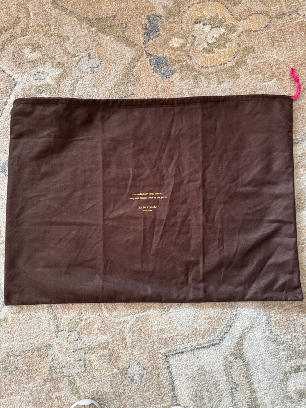 kate spade XL Brown Drawstring Dust Bag with Gold Logo and Pink Pull